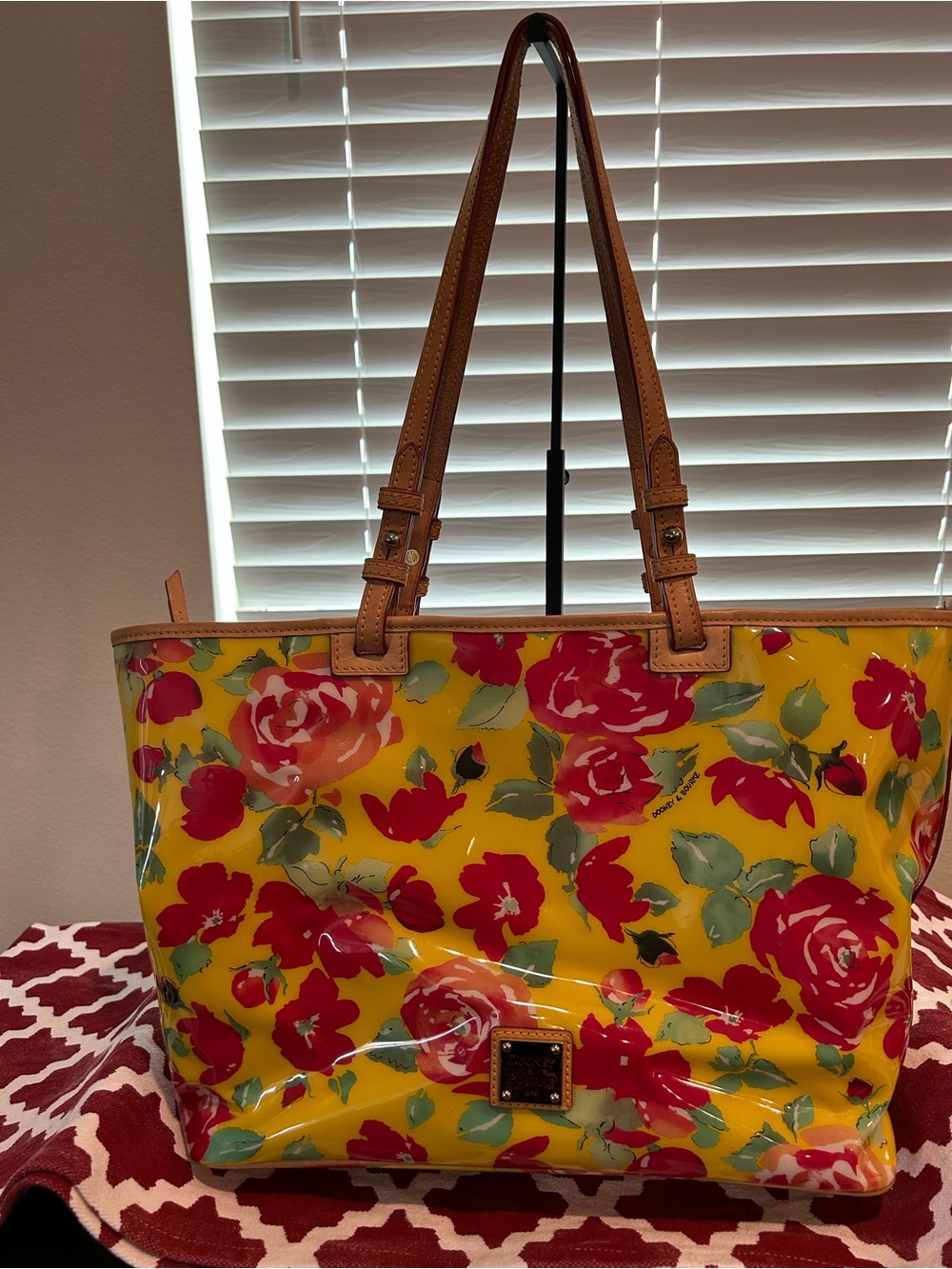 Dooney and Bourke Yellow and Red Floral Tote Bag with Brown Straps
